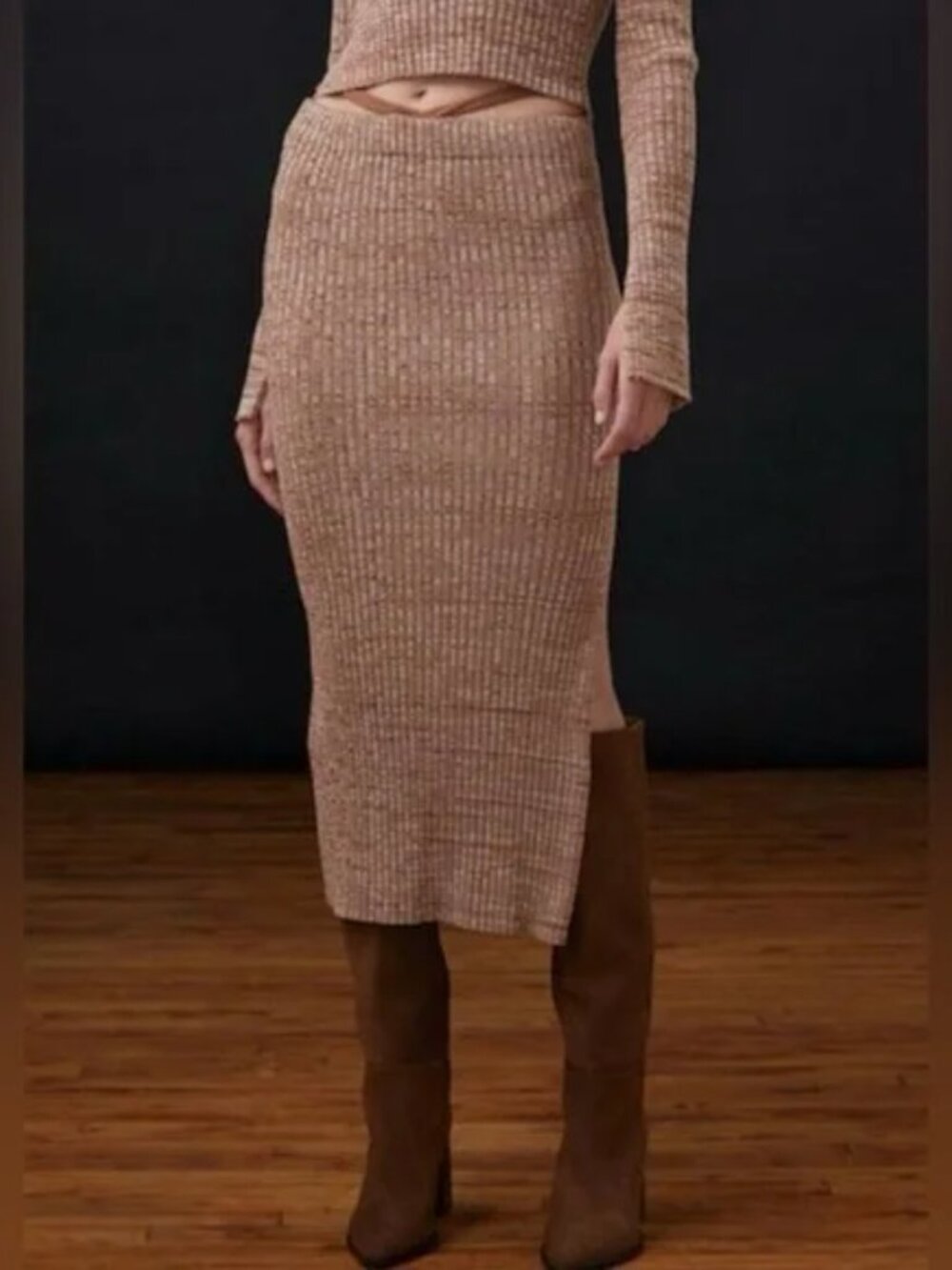 MONROW Cosmo Ribbed Sweater Skirt Womens Small Brown Knit Midi Strap Slit
